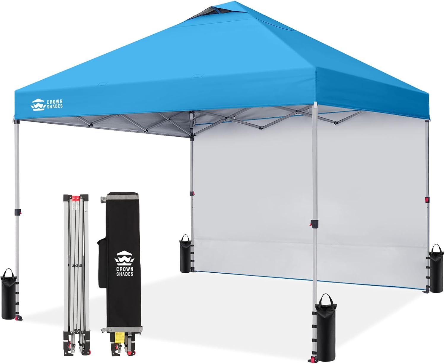 CROWN SHADES 10x10 Pop Up Canopy with 1 Side Wall - Beach Tent with One Push Setup - Outdoor Sun Shade for Events, Parties, Camping - Gazebo with STO-N-Go Cover Bag (Sky Blue)