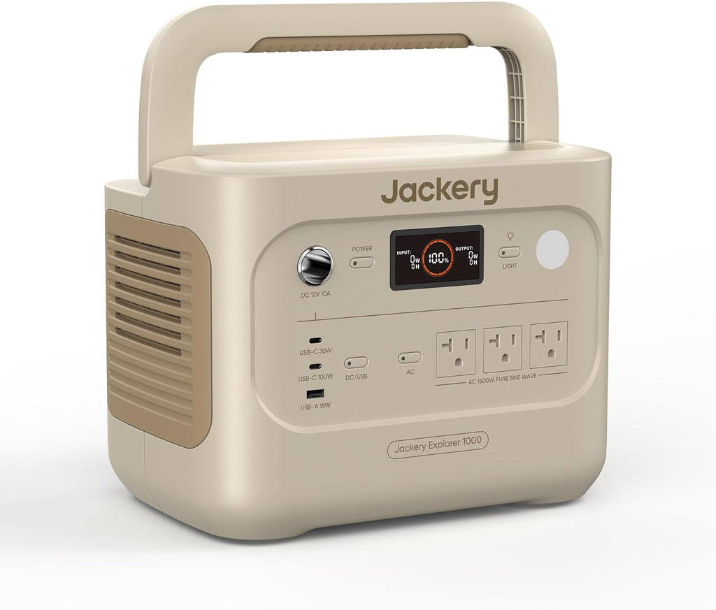 Jackery Explorer 1000 v2 Portable Power Station,1070Wh LiFePO4 Battery,1500W AC/100W USB-C Output, 1 Hr Fast Charge, Solar Generator for Camping,Emergency, RV, Off-Grid Living(Dune White)