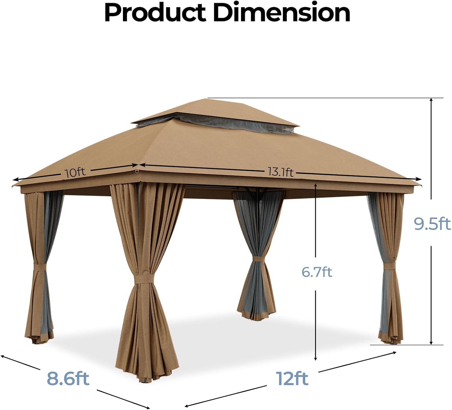 LuxaDomus Outdoor Gazebo 10'×13' for Patio, Metal Frame Canopy with Double Roofs, Heavy Duty Party Tent with Mosquito Netting and Curtains for Backyard, Garden, Lawn and Deck, Coffee