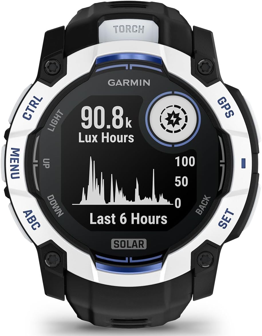 PlayBetter Garmin Instinct 3 Solar (Whitestone/Bolt Blue, 50mm) Outdoor GPS Smartwatch Gift Box Bundle - Bolted Construction, Unlimited Battery Life HD Screen Protectors, Wall Adapter & Case