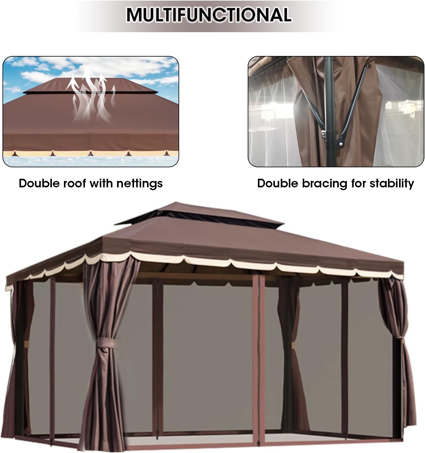 10'x13' Outdoor Patio Gazebo,Heavy Duty Party Tent & Shelter with Double Roofs, Mosquito Nettings and Curtains for Backyard, Patio, Deck, Parties, Garden, Lawn (Brown)