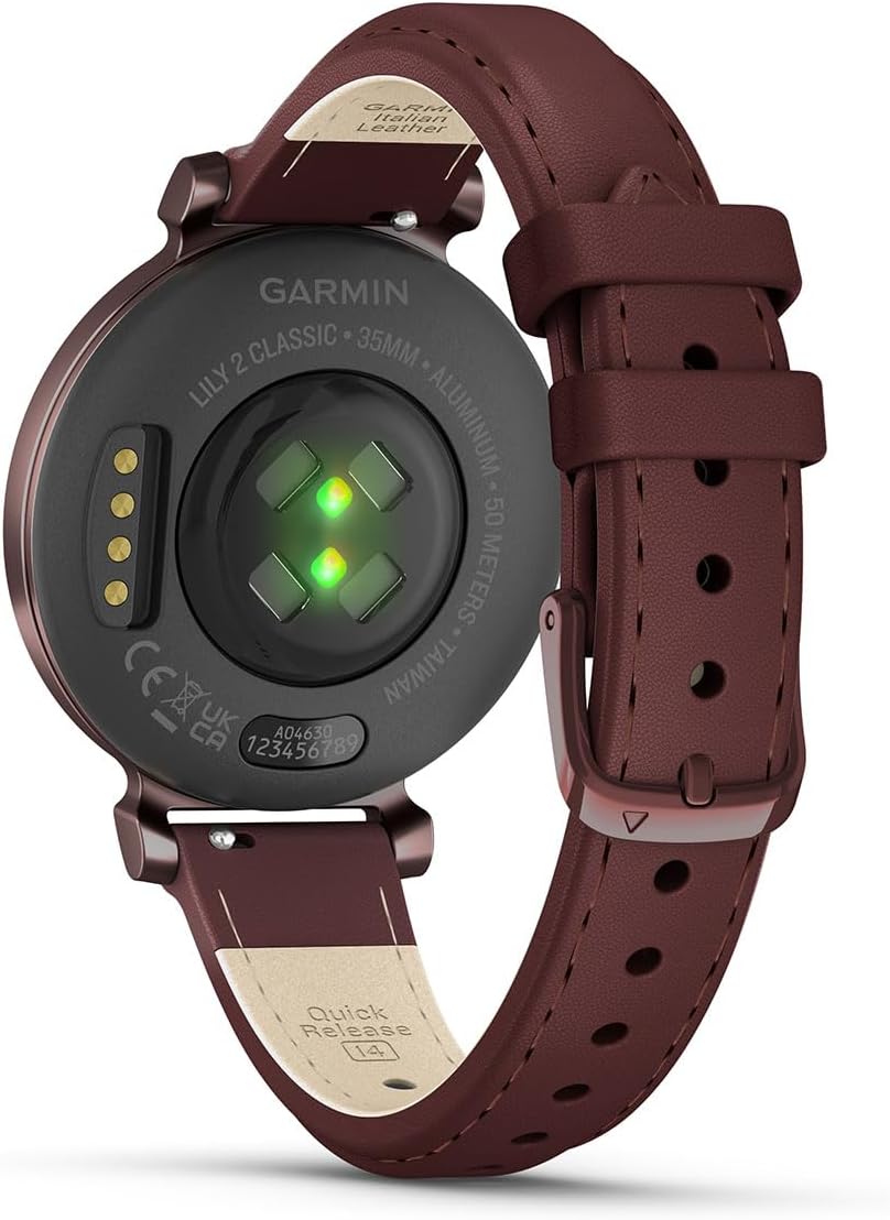 PlayBetter Garmin Lily 2 Classic (Dark Bronze/Mulberry Leather) Women's Fitness Smartwatch Bundle - Ladies Watch with Hidden Display, 5-Day Battery & Garmin Pay - Includes Portable Charger