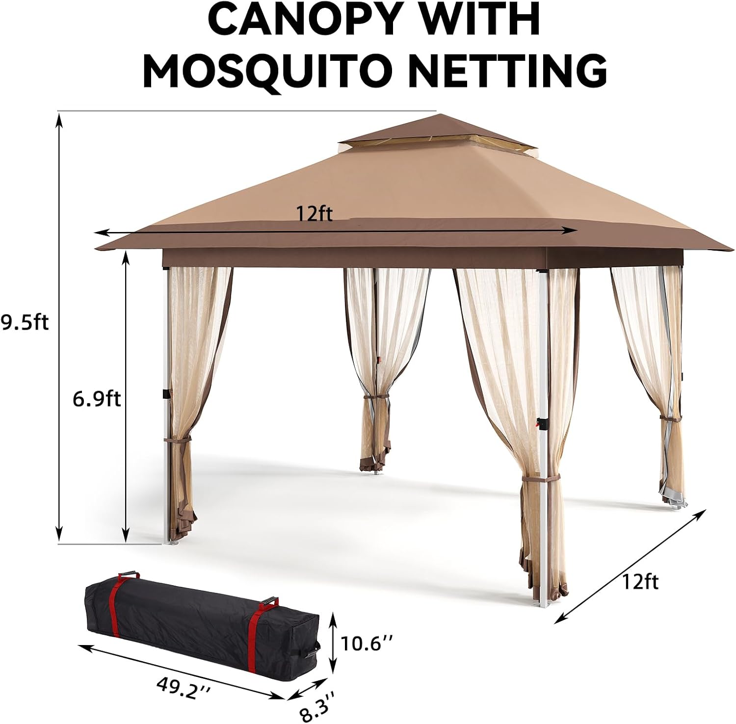 GarveeLife 12 ft x12 ft Gazebo Outdoor Pop up Canopy Tent with Curtains and 144 Square Shelter for Patio,Backyard Party, with Mosquito Netting, 2-Tiered Vented Top, Khaki