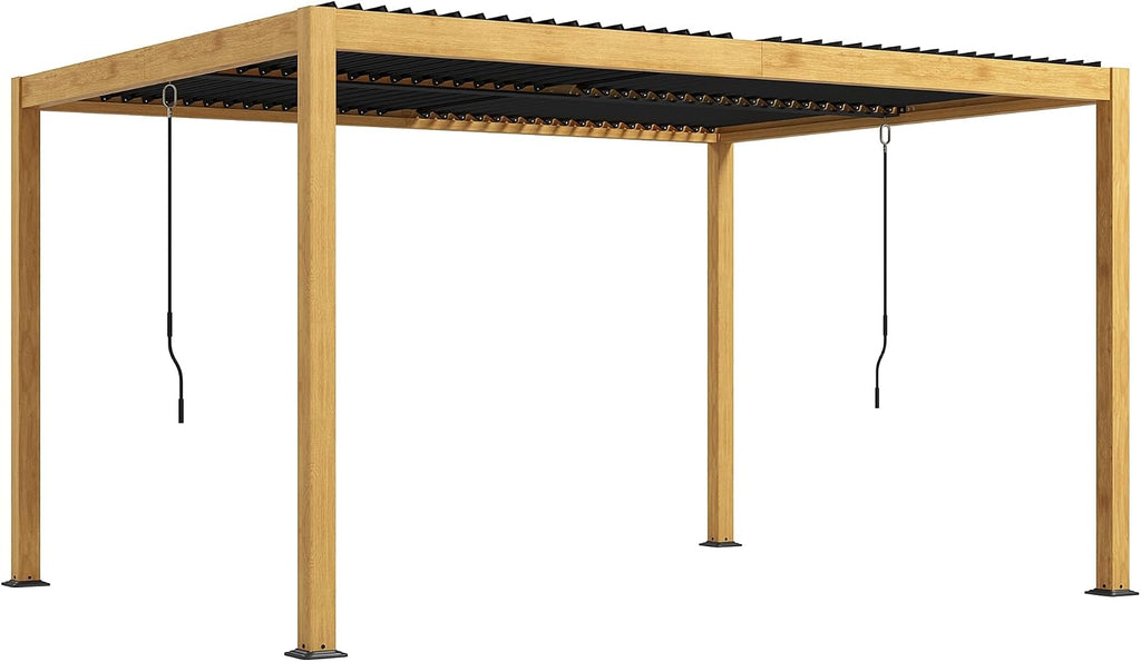 Outsunny 10' x 13' Louvered Pergola, Aluminum Outdoor Pergola with Adjustable Roof, Hardtop Gazebo for Patio, Deck, Garden, Yard, Beach, Black Roof and Natural Frame