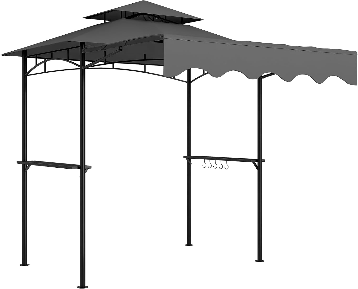 Outsunny 8' x 7.6' Grill Gazebo, Double Tiered Outdoor BBQ Gazebo with Side Awning, 2 Side Shelves and 6 Hooks for Patio, Deck, Yard, Dark Gray