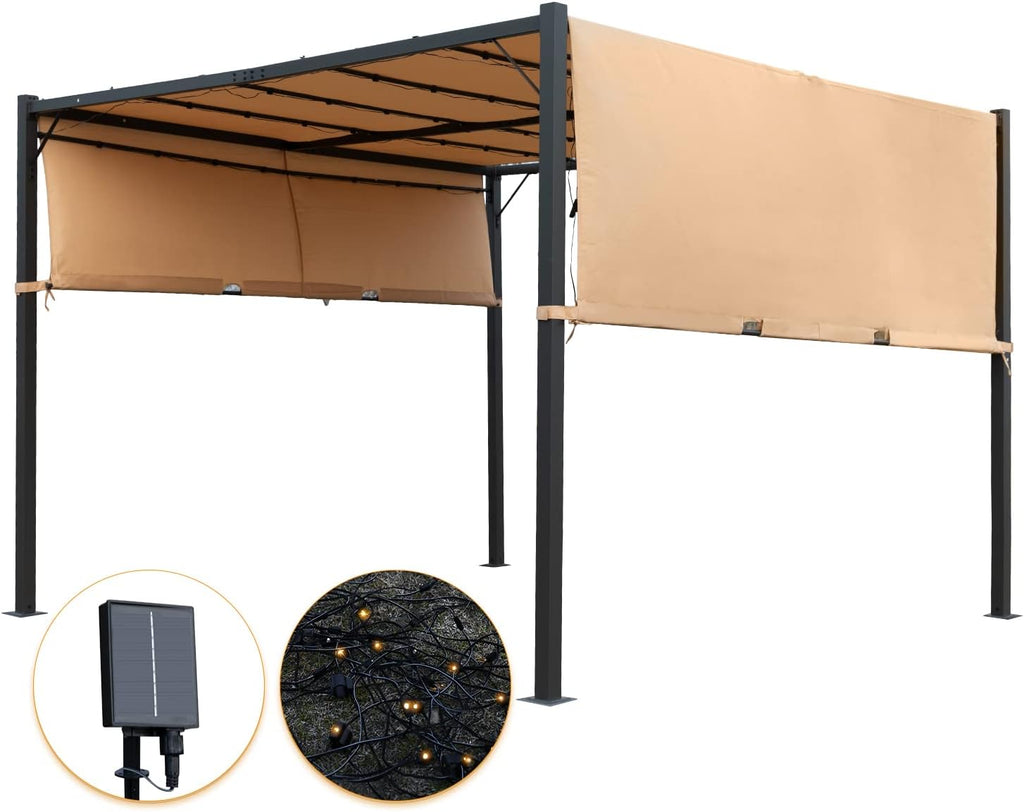 Pergolas Gazebo for Patios 10 * 10 Metal Gazebo Canopy Tent with Sliding Adjustable Canopy Weather-Resistant Fabric Quality Materials Solar Powered Led for Patio Outside Garden Backyard,Tan