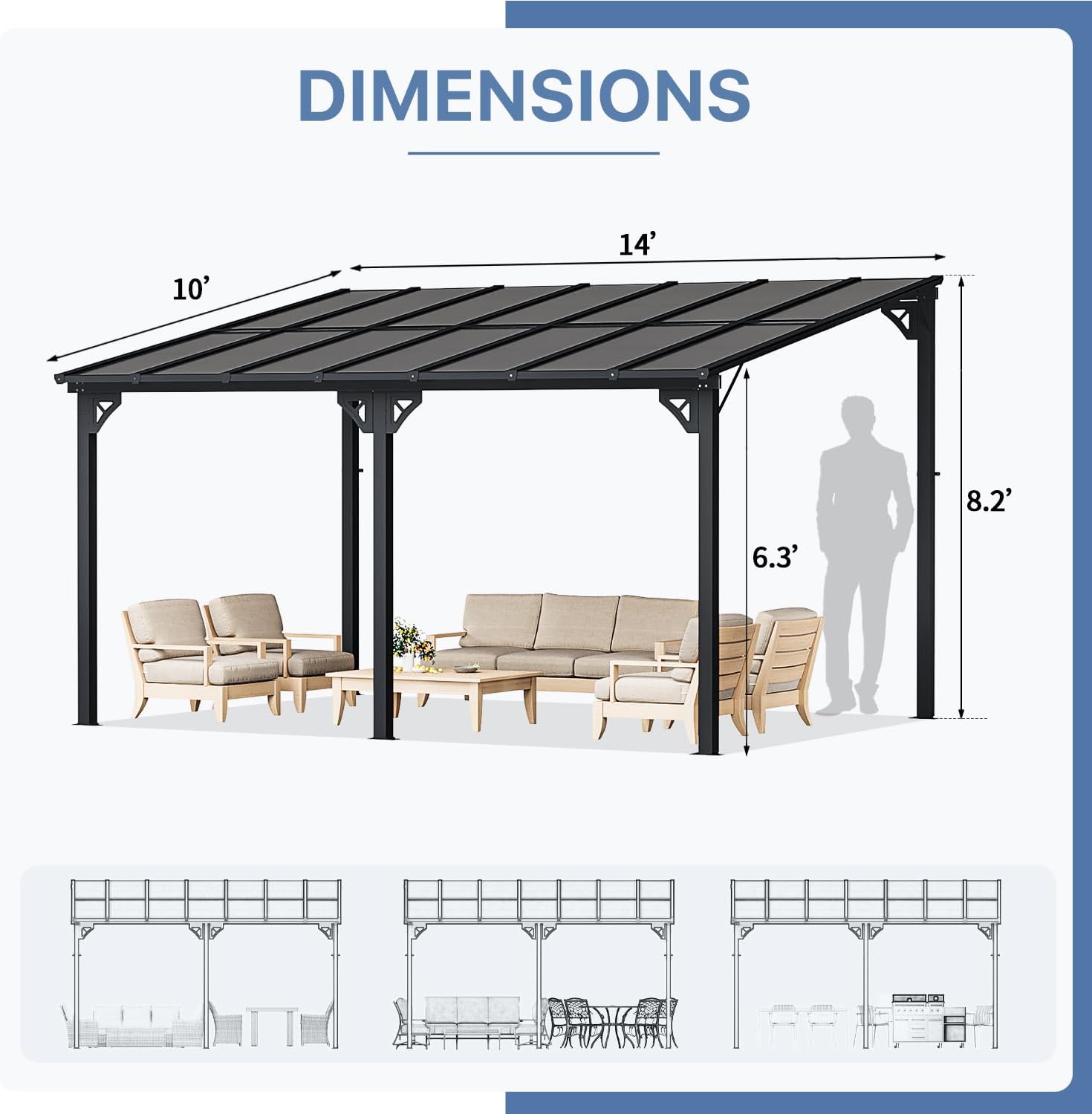 10' x 14' Gazebo for Patio, Gazebo Pergola with Sloped Roof, Large Wall-Mounted Heavy Duty Awnings, for Backyard, Deck, Patio