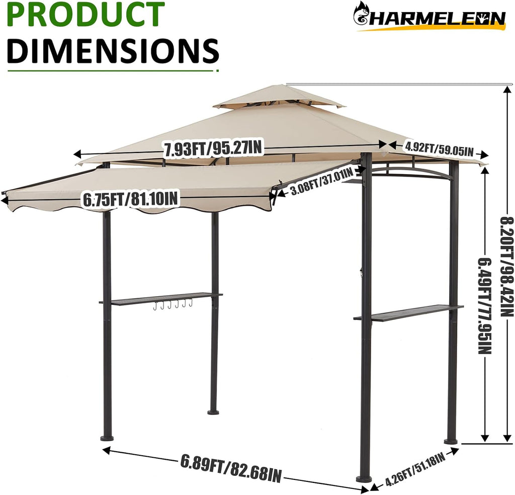 CHARMELEON 8x8 FT Grill Gazebo, Grill Canopy with Big Awning&2 Side Shelves&6 Hooks&Bottle Opener, Powder-Coated Steel BBQ Shelter for Patio Backyard Outdoor Grilling-Beige