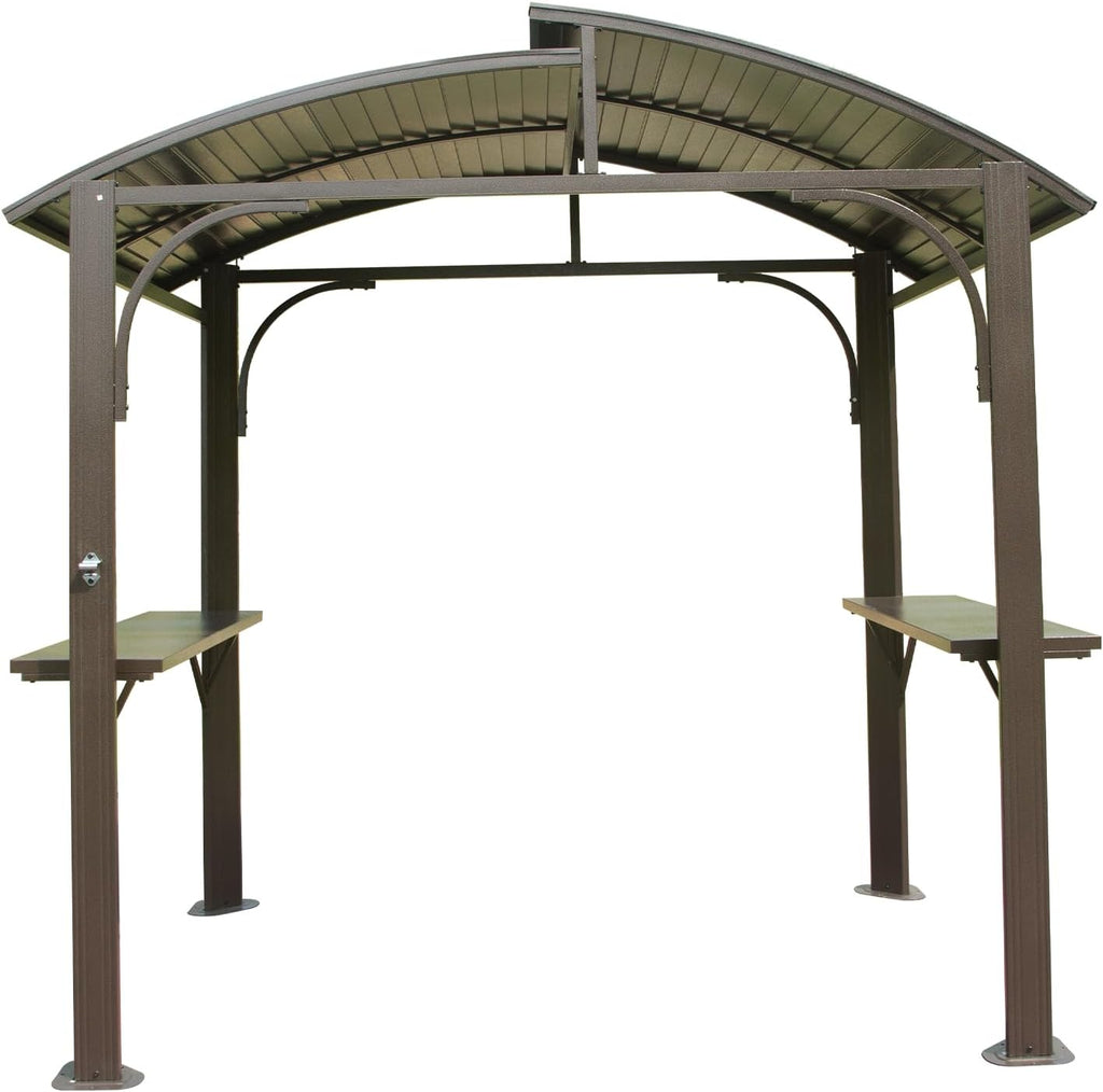 Hardtop Grill Gazebo 8x5FT, Outdoor BBQ Gazebo with Galvanized Steel Double Roof, Permanent Sun Shade Grill Canopy Shelter with 2 Side Shelves and Ceiling Hook for Patio Yard Garden (Brown)