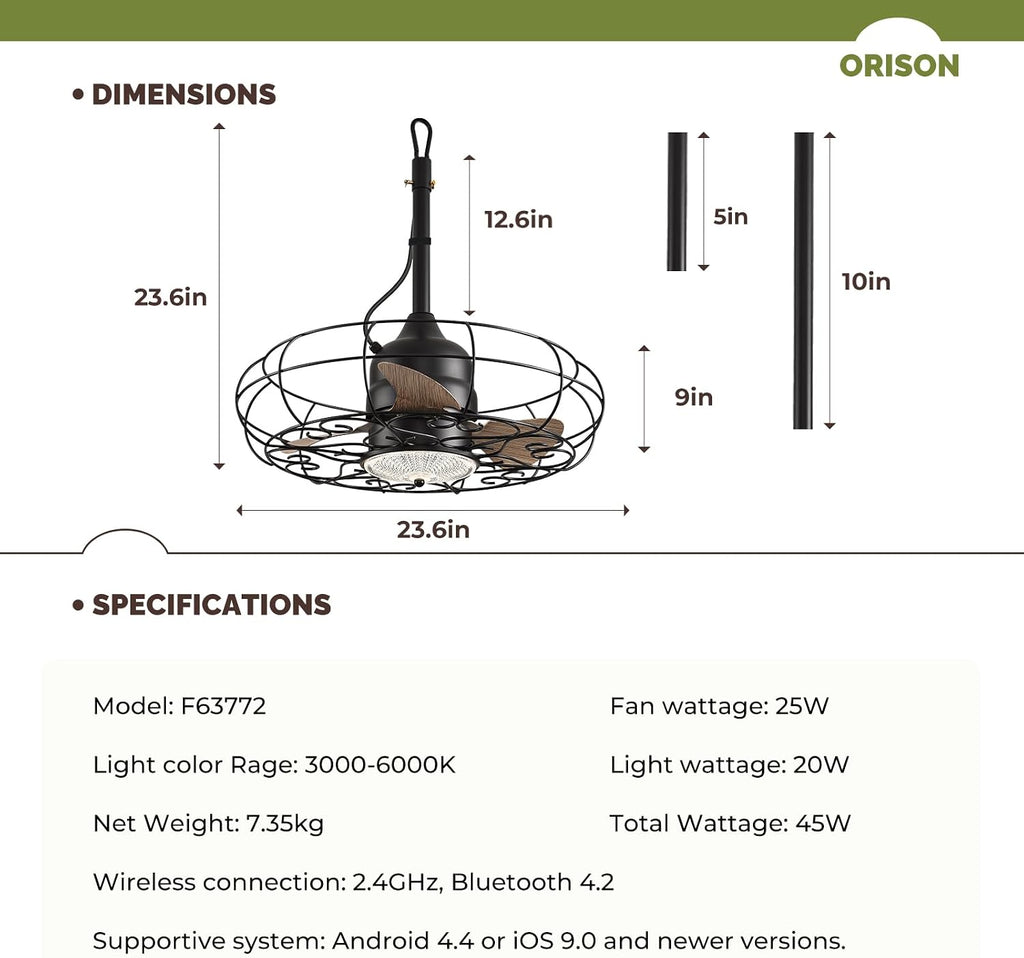 Orison Outdoor Ceiling Fans with Light, 24'' Wet Rated Outdoor Hanging Fan for Gazebo, Plug in Caged Lighting for Pergola Canopy, Hanging with Hook, 3 Color LED Light, Waterproof (24IN)
