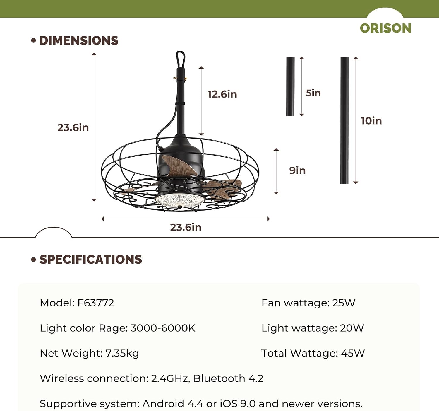 Orison Outdoor Ceiling Fans with Light, 24'' Wet Rated Outdoor Hanging Fan for Gazebo, Plug in Caged Lighting for Pergola Canopy, Hanging with Hook, 3 Color LED Light, Waterproof (24IN)