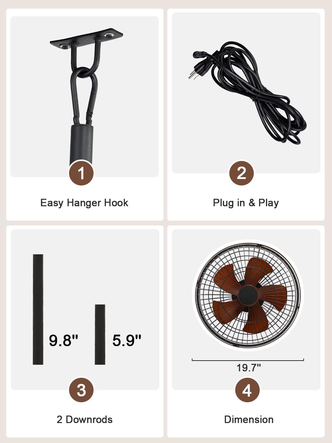 Bella Depot 20' Outdoor Ceiling Fan Black Waterproof Gazebo Fan with Dimmable Light Smart App Remote Control Hanging Fan for Outside Patios Pergola Tent Plug-in Design (20'- Minimalist Black)