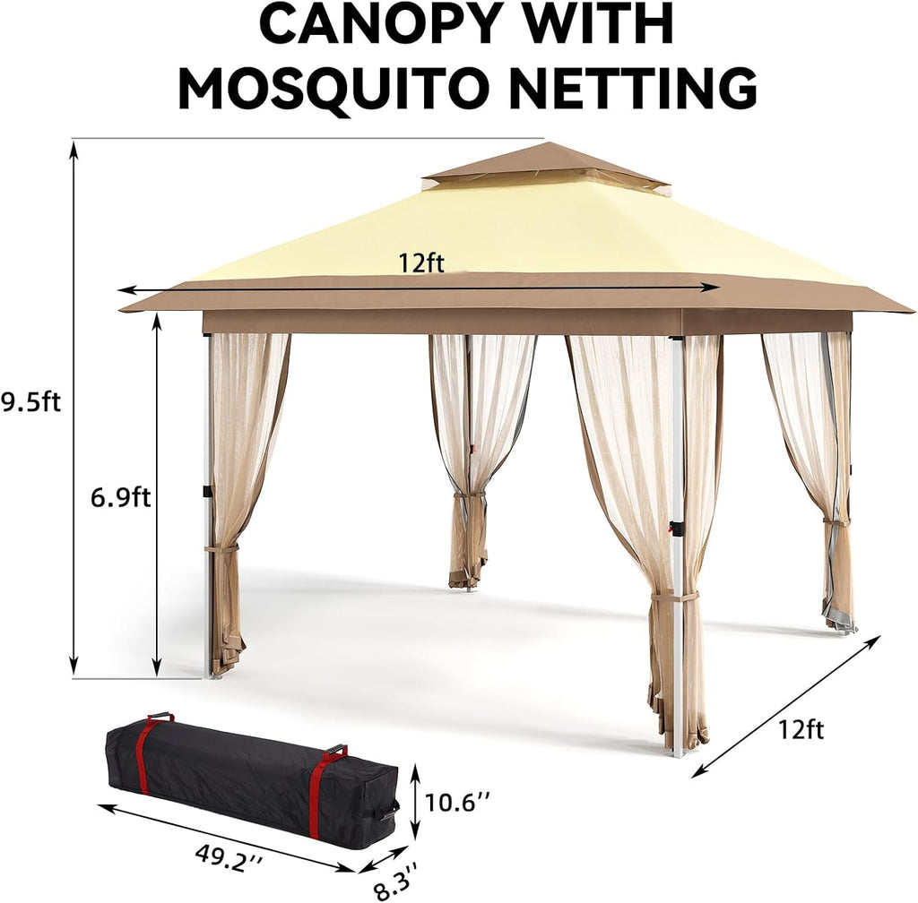GarveeLife 12 ft x12 ft Gazebo Outdoor Pop up Canopy Tent with Curtains and 144 Square Shelter for Patio,Backyard Party, with Mosquito Netting, 2-Tiered Vented Top, Beige