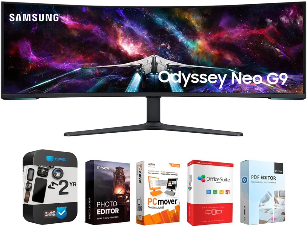 Samsung 57' Odyssey Neo G9 Dual 4K UHD Quantum Mini-LED Curved Gaming Monitor Bundle with Tech Smart USA Elite Suite 18 Standard Editing Software Bundle + 2 Year CPS Enhanced Protection Pack