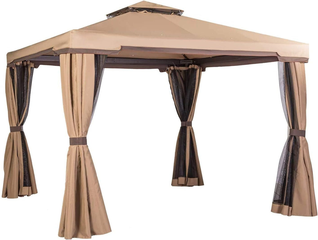 Skiway 10'x 10' Patio Gazebo Canopy Outdoor Tent Shelter with Double Square Tops, Shade Curtains and Mosquito Netting -Brown, Front Porch