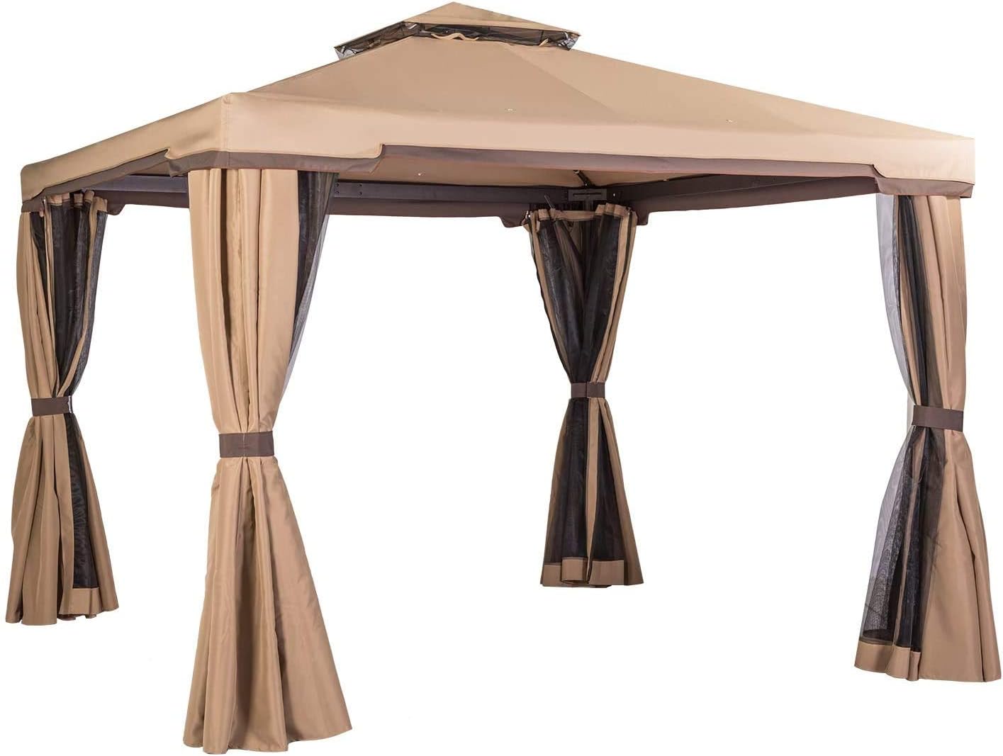 Skiway 10'x 10' Patio Gazebo Canopy Outdoor Tent Shelter with Double Square Tops, Shade Curtains and Mosquito Netting -Brown, Front Porch