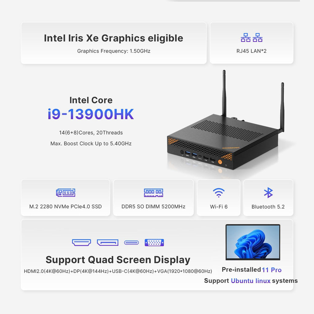 A2 Mini PC, Intel Core i9 13900HK(14C/20T, Up to 5.4GHz) Mini Desktop Computers 32GB DDR5 RAM 1TB SSD, Dual LAN, 9X USB Ports, VGA Ports, Quad Display, WiFi 6, BT 5.2