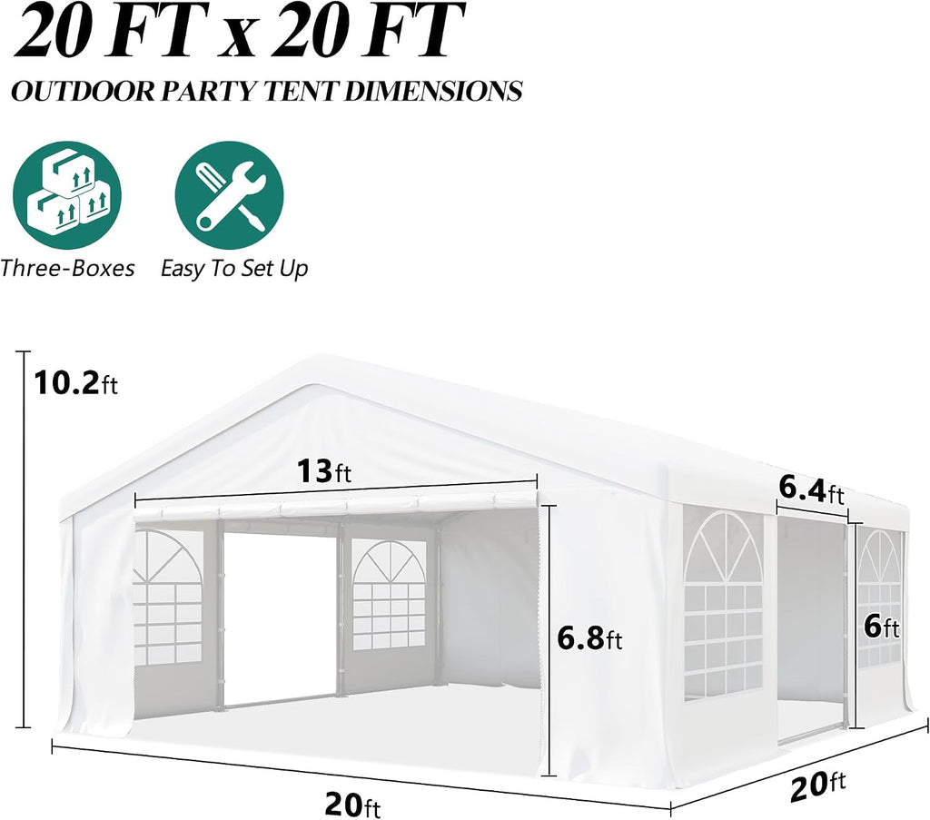 GARTOO 20' x 20' Canopy Party Tent & Carport - Heavy Duty Outdoor Wedding Gazebo with 4 Sand Bags, Event Shelter Canopy for Outdoor Event, Wedding, Birthday Party