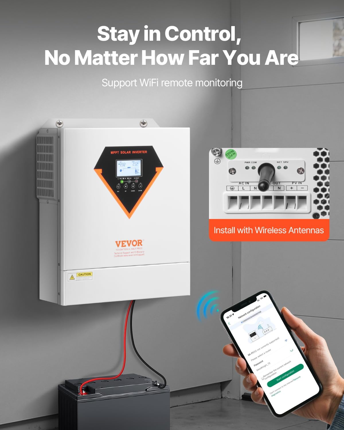 VEVOR Hybrid Solar Inverter, 3500W, Single Phase Pure Sine Wave Power Inverter, 24V DC to 220/230V AC, with Built-in 100A MPPT Solar Charge Controller, for Off-Grid System Lead Acid Lithium Battery