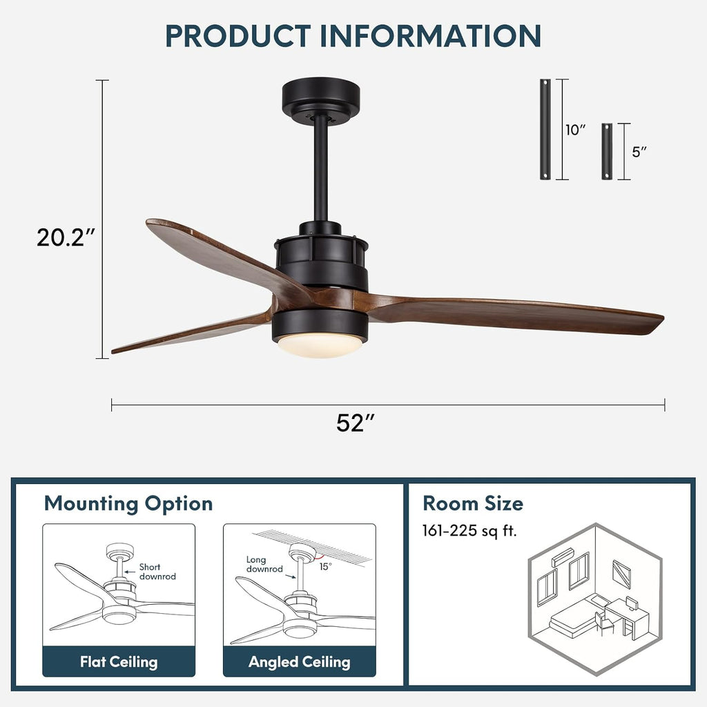 EKIZNSN 52 Inch Wet Rated Outdoor Ceiling Fan with Lights for Patios Waterproof Outdoor and Indoor use, DC Motor w 3 Reversible Walnut Wood Blades