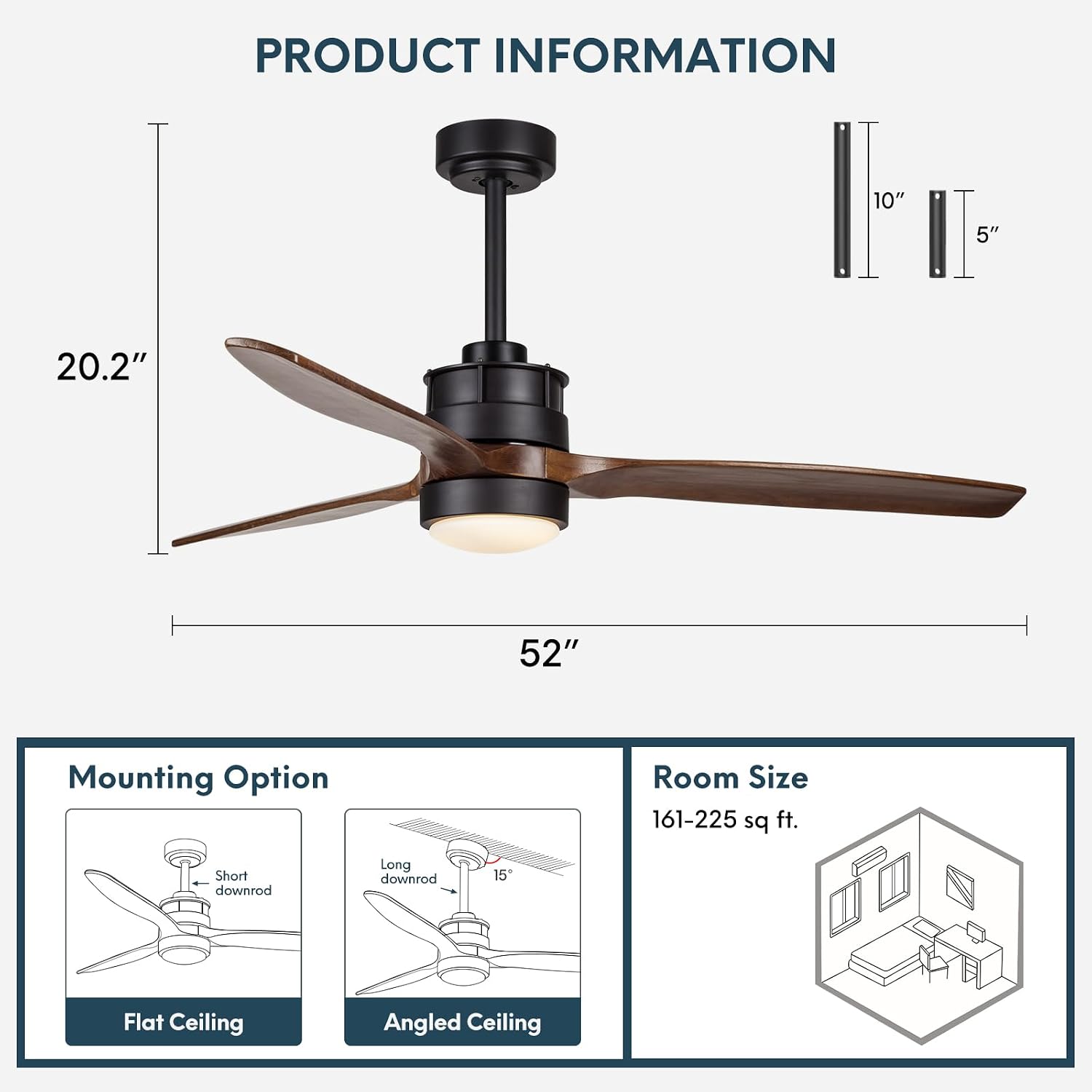 EKIZNSN 52 Inch Wet Rated Outdoor Ceiling Fan with Lights for Patios Waterproof Outdoor and Indoor use, DC Motor w 3 Reversible Walnut Wood Blades