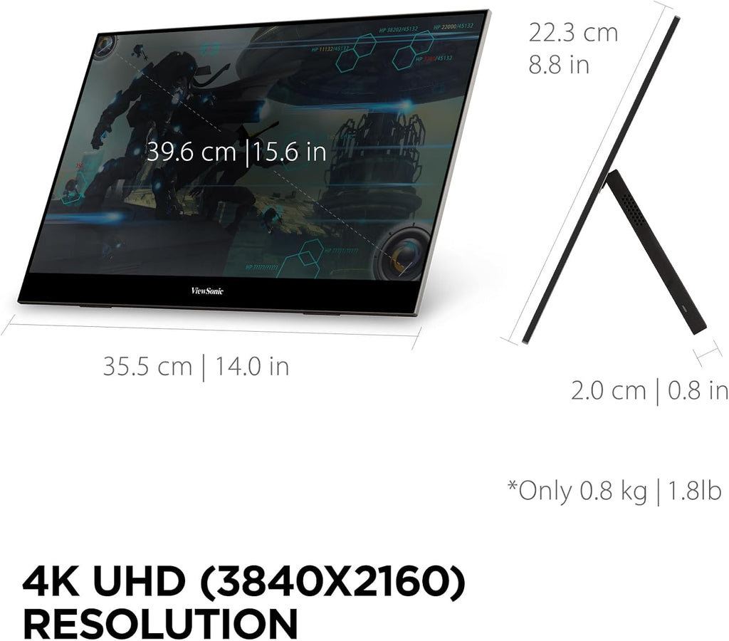 ViewSonic VX1655-4K 15.6 Inch 4K Portable Monitor, IPS Display for Comfortable Mobile Workspaces and Second Screen Productivity, Built-in Stand, 60W USB-C, and Mini HDMI Inputs