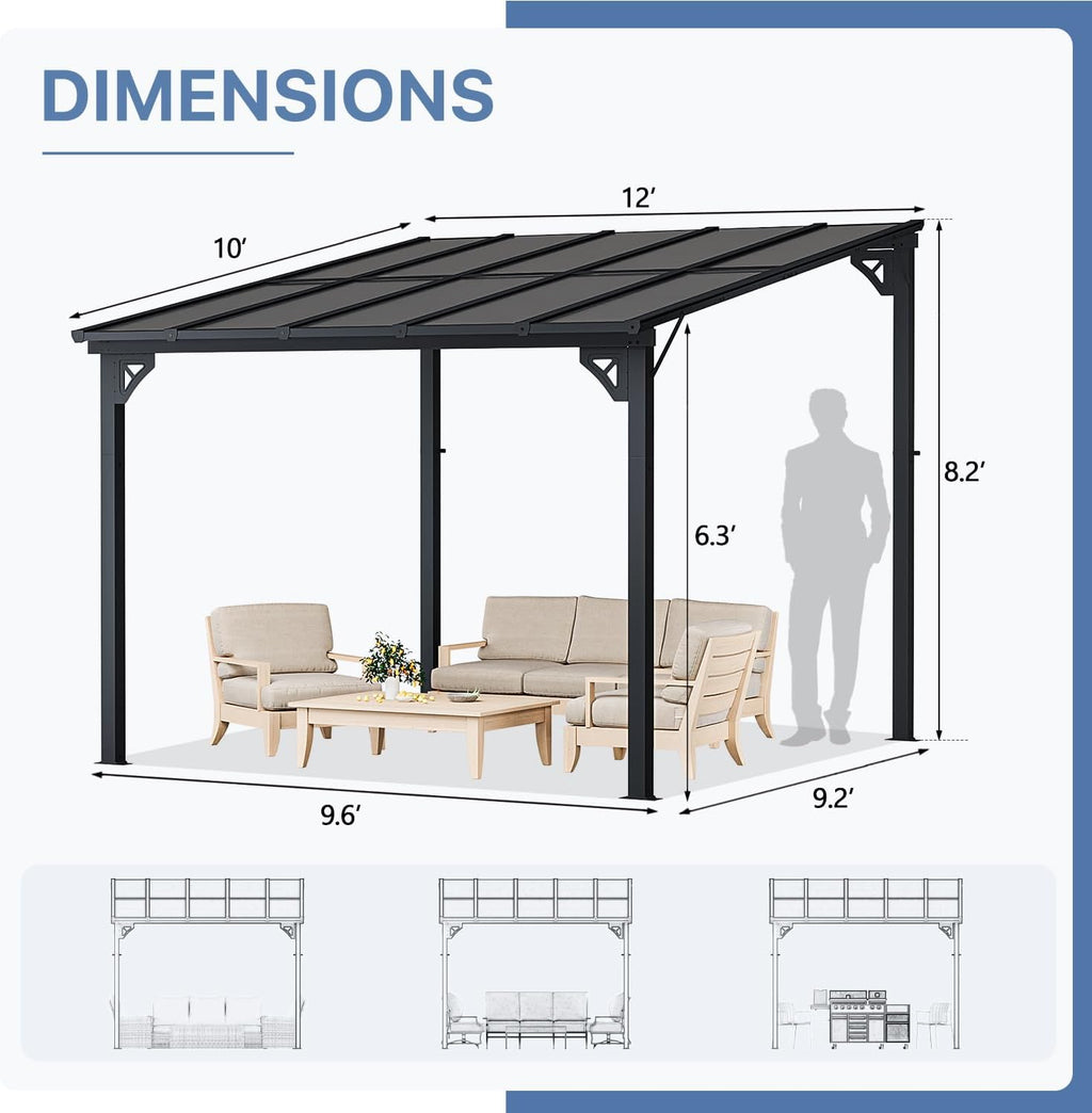 10' x 12' Gazebo for Patio, Gazebo Pergola with Sloped Roof, Large Wall-Mounted Heavy Duty Awnings, for Backyard, Deck, Patio