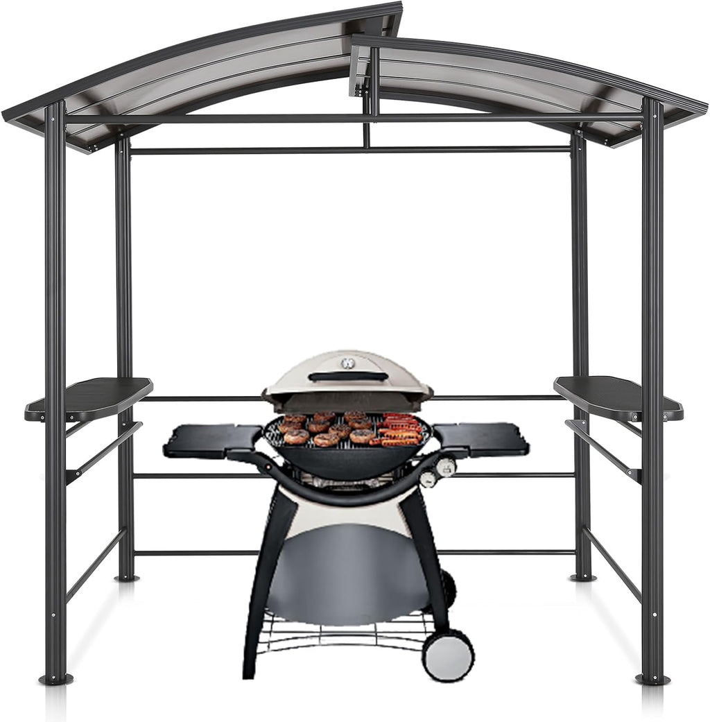 COOS BAY 8x5 Hardtop Grill Gazebo, Outdoor BBQ Canopy, Steel Frame Double-Tier Polycarbonate Roof with Side Shelves, Weather Resistant