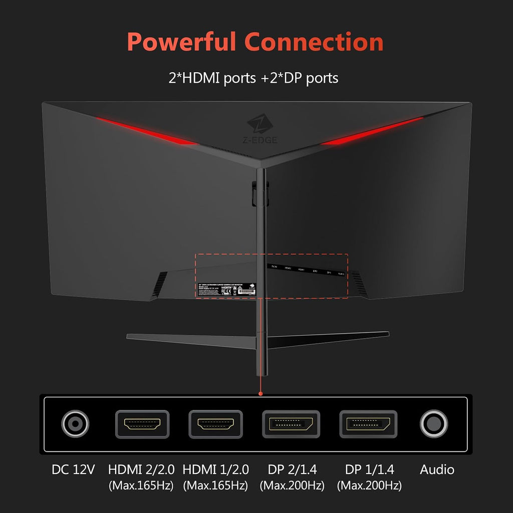 Z-Edge 30' Curved Gaming Monitor, WFHD1080P 200Hz 165Hz Monitor, MPRT 1ms, 21:9 Aspect Ratio, 1500R Curved, 16.7M Colors, 3000:1 Contrast, UG30 PIP-PBP, 2X DP 1.4 Ports and 2X HDMI 2.0 Port