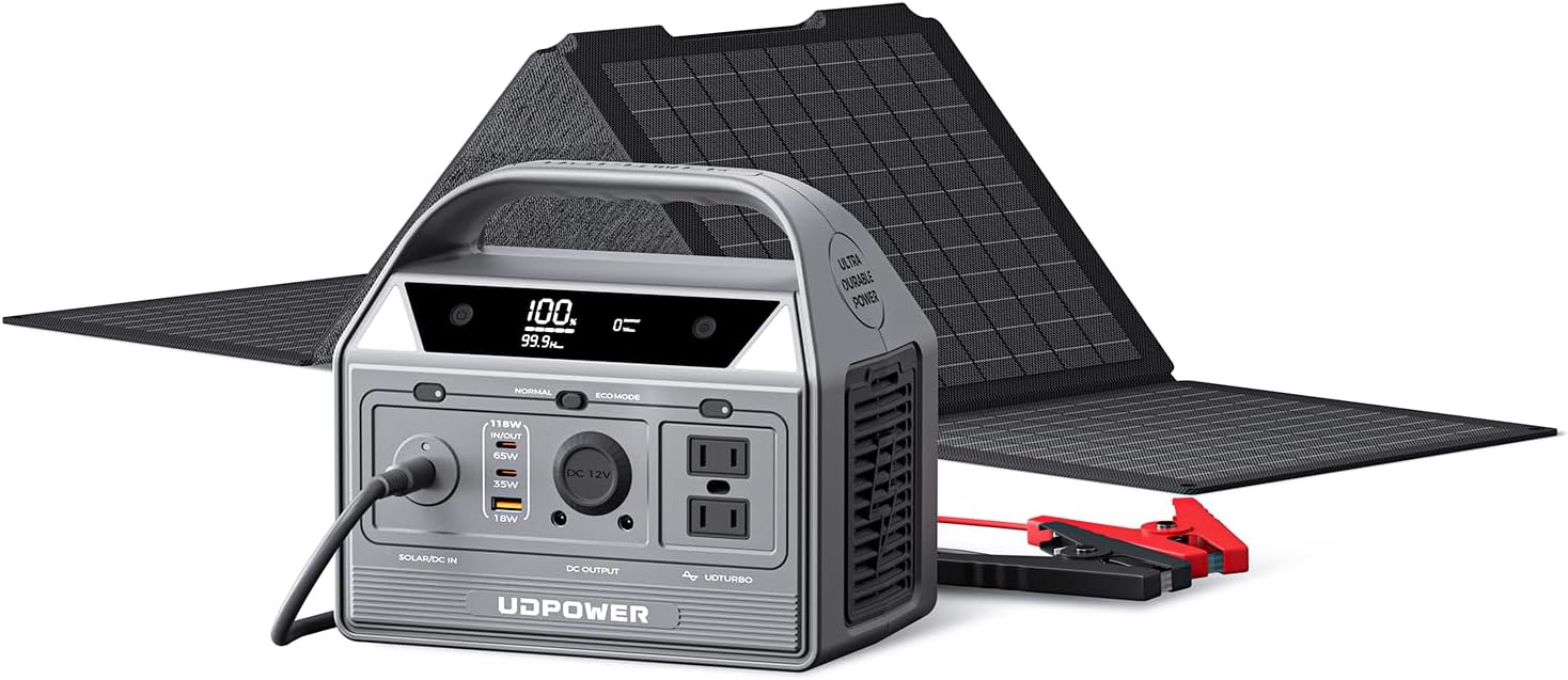 UDPOWER C400 400W Portable Power Station(New Version2.0) with 40W Portable Solar Panel l 256Wh LiFePO4 Battery, 800W Surge| AC Outlet,USB-C,12V DC | for Camping, RV, Emergency Backup