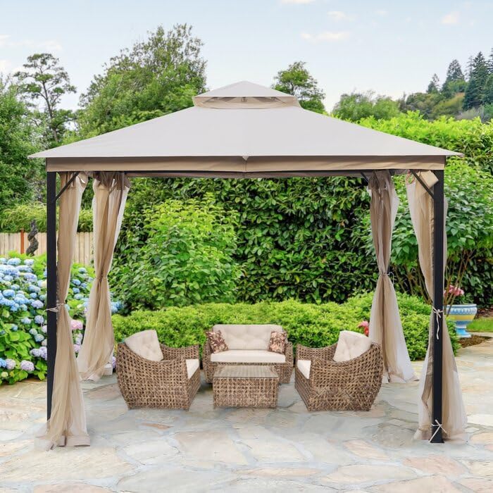 Patio Gazebo 10x10, Outdoor Gazebos, Heavy Duty Gazebo Soft Top Gazebos, Double Roofs Anti-UV Shelter with Privacy Netting for Patio Deck Backyard Garden Lawns