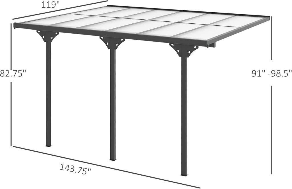Outsunny 12' x 10' Outdoor Polycarbonate Pergola, Transparent UV Blocking Awning, Hardtop Deck Gazebo with Adjustable Posts and Height, Aluminum, Gray