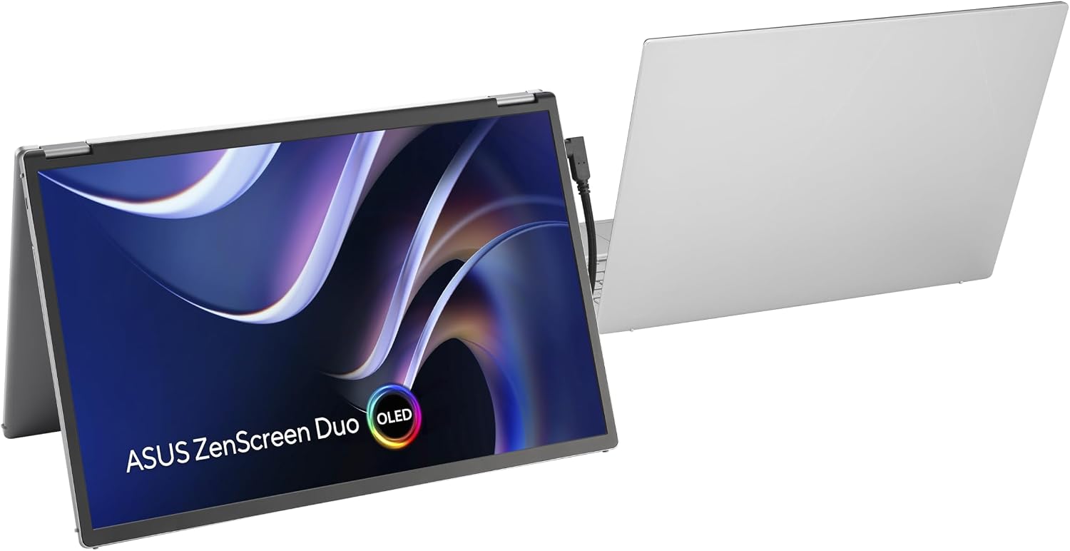 ASUS ZenScreen Duo OLED 360° Foldable Portable Monitor (MQ149CD) - Dual 14-inch, 16:10, 1920x1200, DisplayHDR400 True Black, 100% DCI-P3, Delta<2, Dual USB-C, Mini-HDMI, Kickstand, 3 yr Warranty