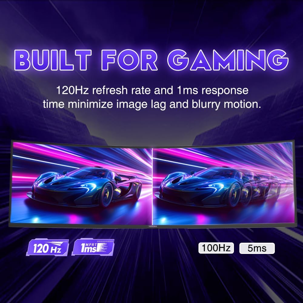 Viewedge 49' Curved Monitor Ultrawide Gaming 120Hz 1ms 32:9 DQHD 5120 x 1440P Computer Monitor, R1500, 110% sRGB, DisplayPort, HDMI,Support Crosshair and Wall Mount
