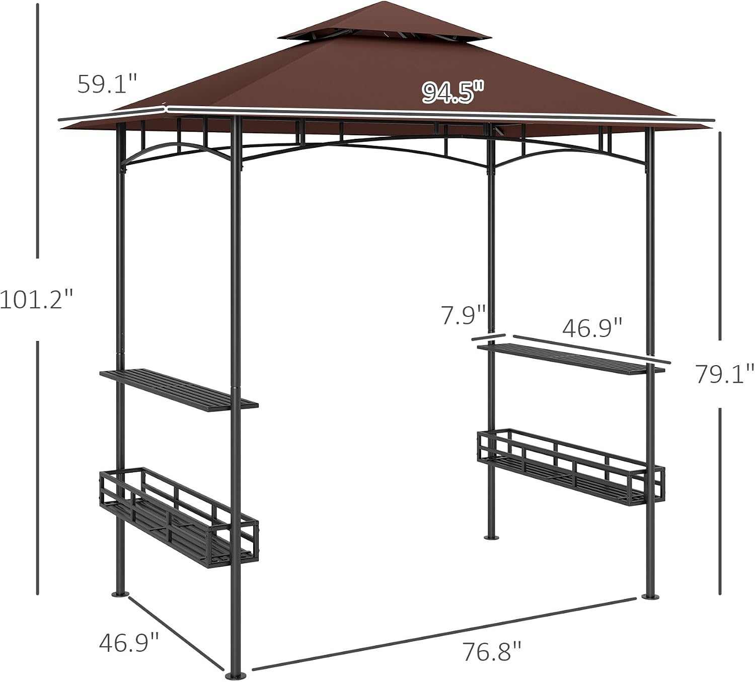 Outsunny 8' x 5' Grill Gazebo, 2-Tier Outdoor BBQ Gazebo with Ceiling Hook, 2 Side Shelves and Storage Baskets for Patio Deck Yard, Dark Brown