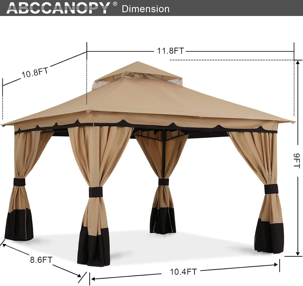 ABCCANOPY 10x12 Outdoor Gazebo, Double Roof Patio Gazebo with Shade Curtains, Beige
