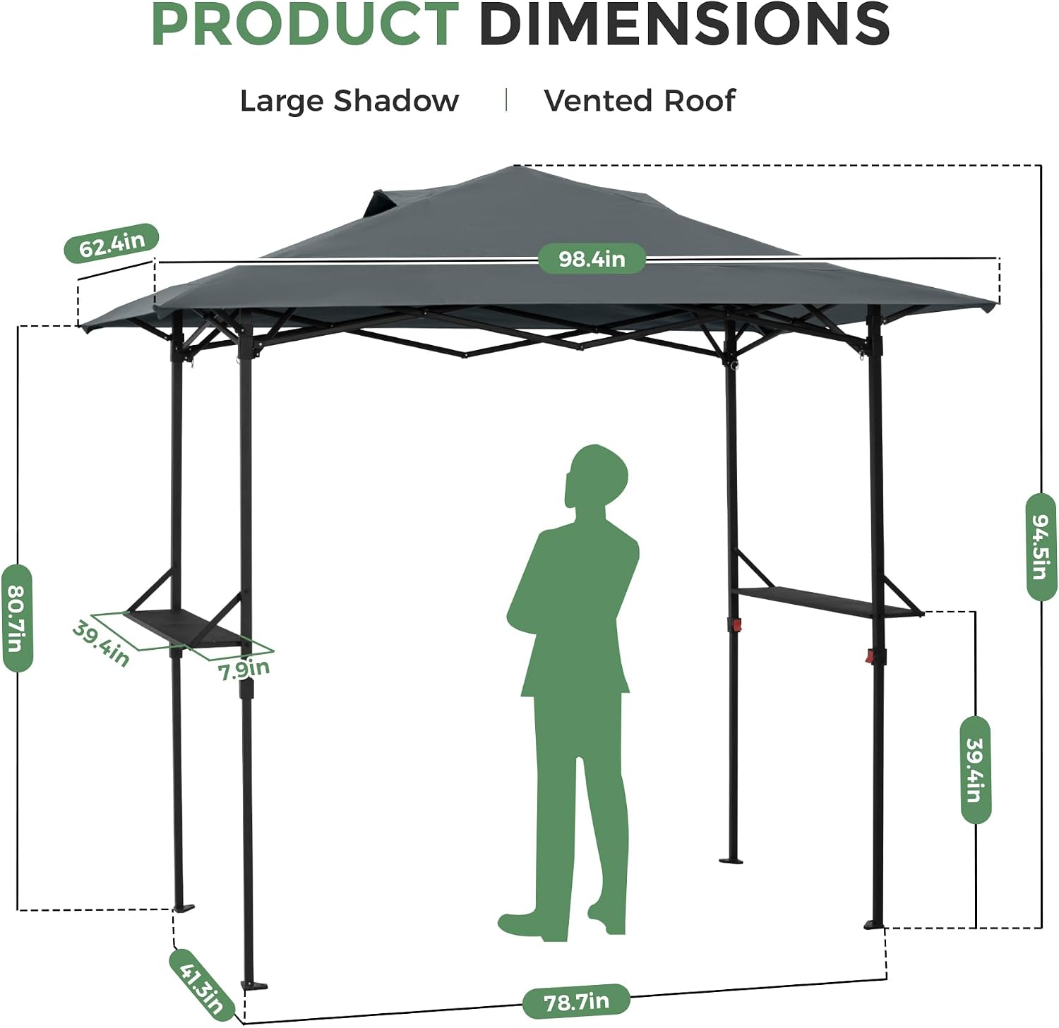 8×5 FT Pop Up Grill Gazebo, Outdoor Grill Canopy with Vented Roof & Side Shelves, Large Portable Canopy for Outdoor Barbecue, Backyard, Patio, Easy Assembly, Grey