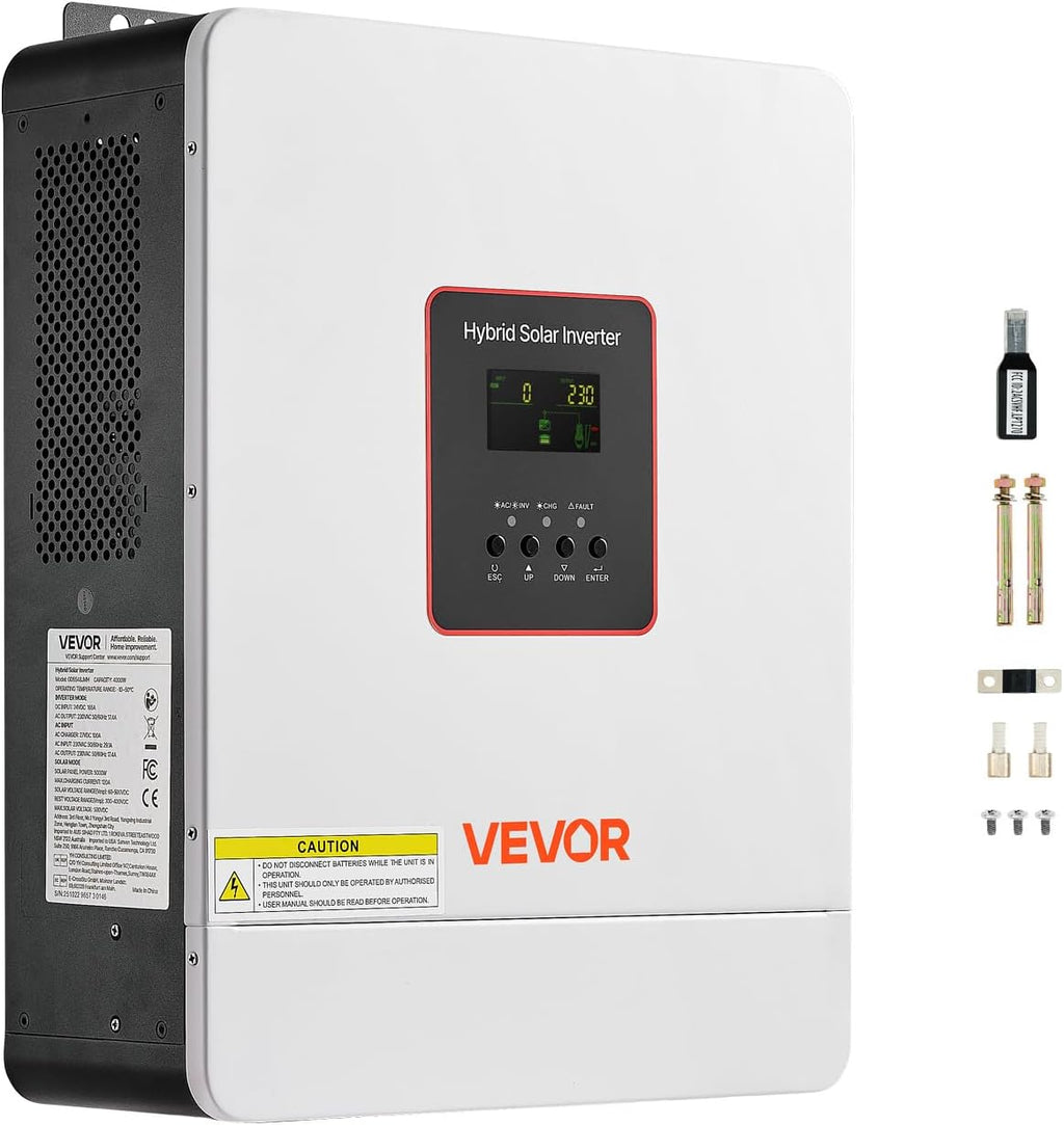 VEVOR 4000W Hybrid Solar Inverter, 24V DC to 230V AC Single-Phase, Pure Sine Wave Power Inverter, with Built-in 120A MPPT Solar Charge Controller, WiFi Module, for Lead Acid Lithium Battery Off-Grid