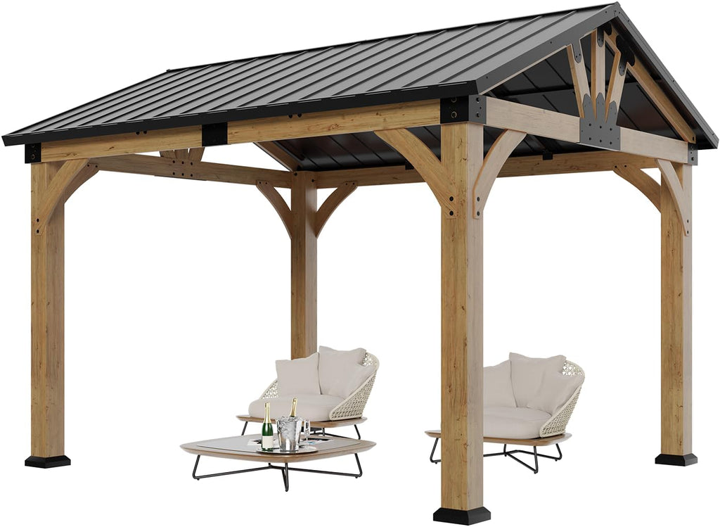 10x12 ft Cedar Wood Gazebo, Hardtop Gazebo with Galvanized Steel Peak Roof, Outdoor Pavilion for Snow Support, Wind Resistance, UV Protection, Shade for Garden, Patio, Deck