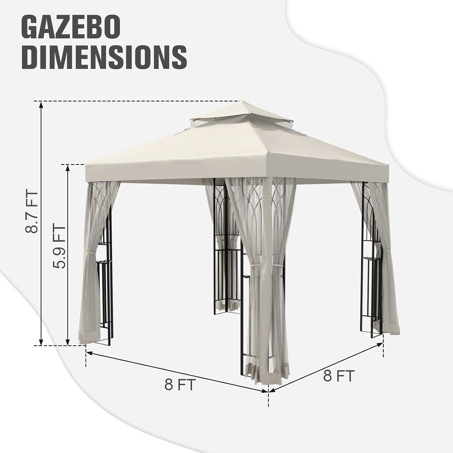 COOS BAY 8x8 Patio Gazebo with Corner Shelves, Two Tier Soft Top Canopy with Mesh Netting for Backyard, Garden, Lawn, Outdoor Events, Beige