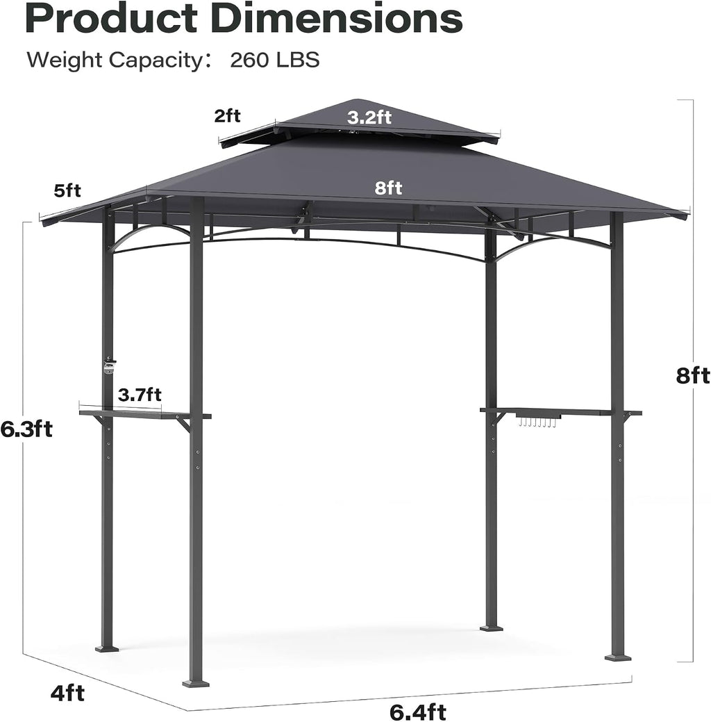 LAUSAINT HOME 8x5 FT Outdoor Grill Gazebo Canopy, BBQ Gazebo with 2-Tier Vented Top, 2 Durable Shelves & Metal Frame Grill Shelter - Perfect for Grilling and Picnics, Dark Gray