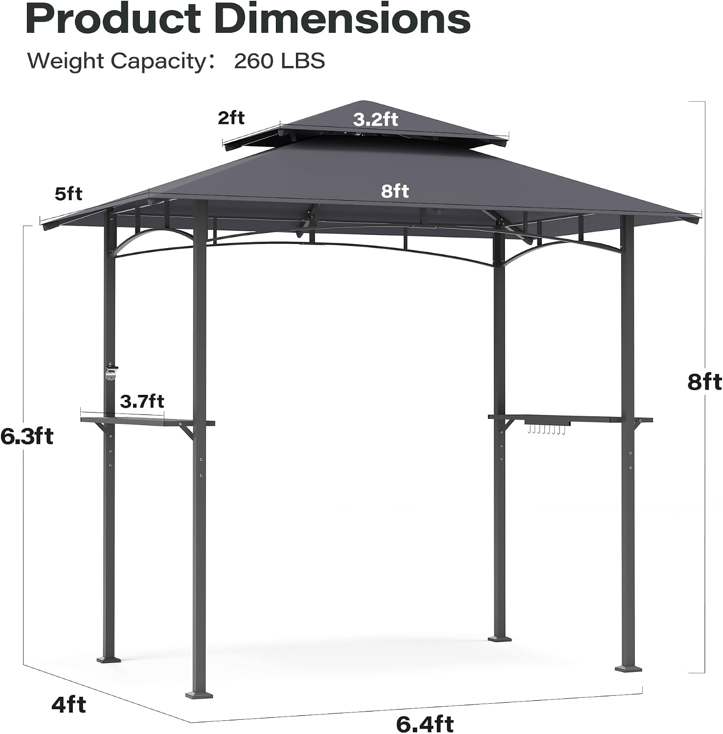 LAUSAINT HOME 8x5 FT Outdoor Grill Gazebo Canopy, BBQ Gazebo with 2-Tier Vented Top, 2 Durable Shelves & Metal Frame Grill Shelter - Perfect for Grilling and Picnics, Dark Gray