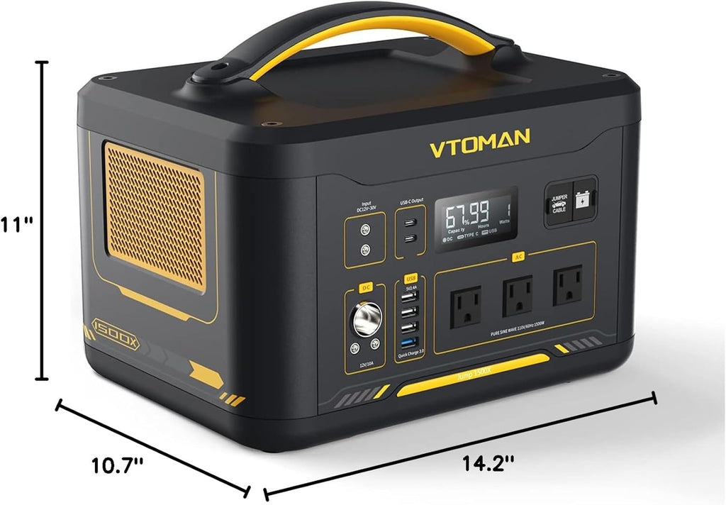 VTOMAN Jump1500X Portable Power Station, 828Wh LiFePO4 Battery Solar Generator with Jump Start, 1500W AC Outlet, 100W PD Type-C, Large Capacity Expandable to 2376Wh for Camping, RV Travel, Home Backup