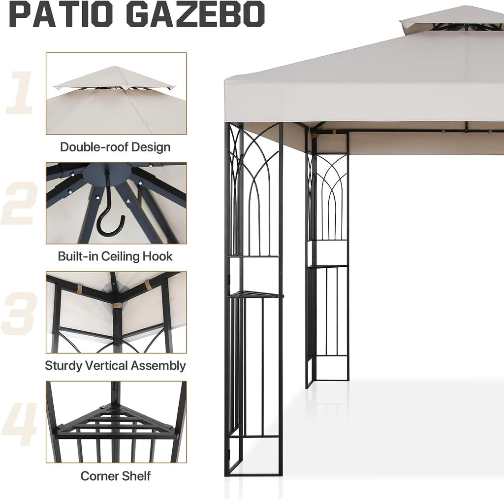 COOS BAY 8x8 Patio Gazebo with Corner Shelves, Two Tier Soft Top Canopy with UV Protection for Backyard, Garden, Lawn, Outdoor Events, Beige