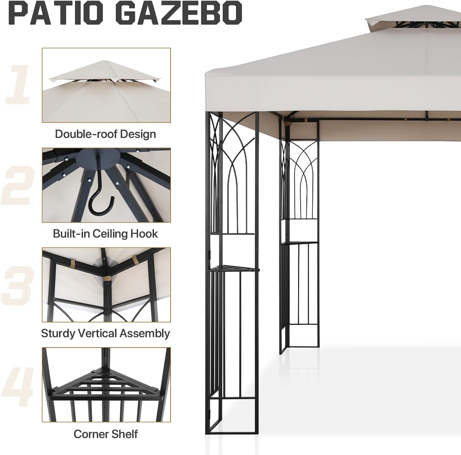 COOS BAY 8x8 Patio Gazebo with Corner Shelves, Two Tier Soft Top Canopy with UV Protection for Backyard, Garden, Lawn, Outdoor Events, Beige