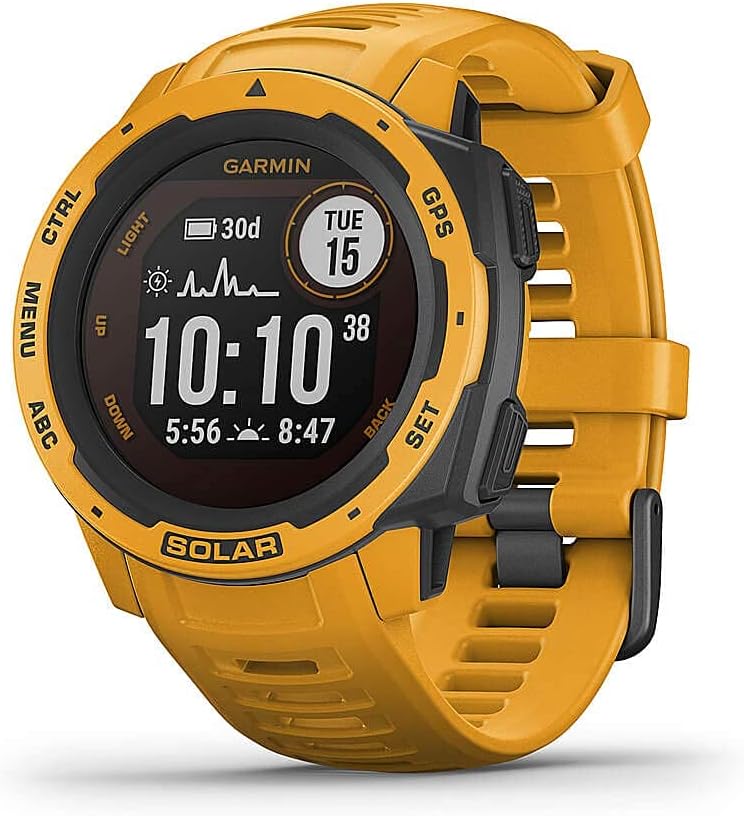Garmin Instinct Solar, Solar-Powered Rugged Outdoor Smartwatch, Built-in Sports Apps and Health Monitoring, Sunburst Yellow (Renewed)