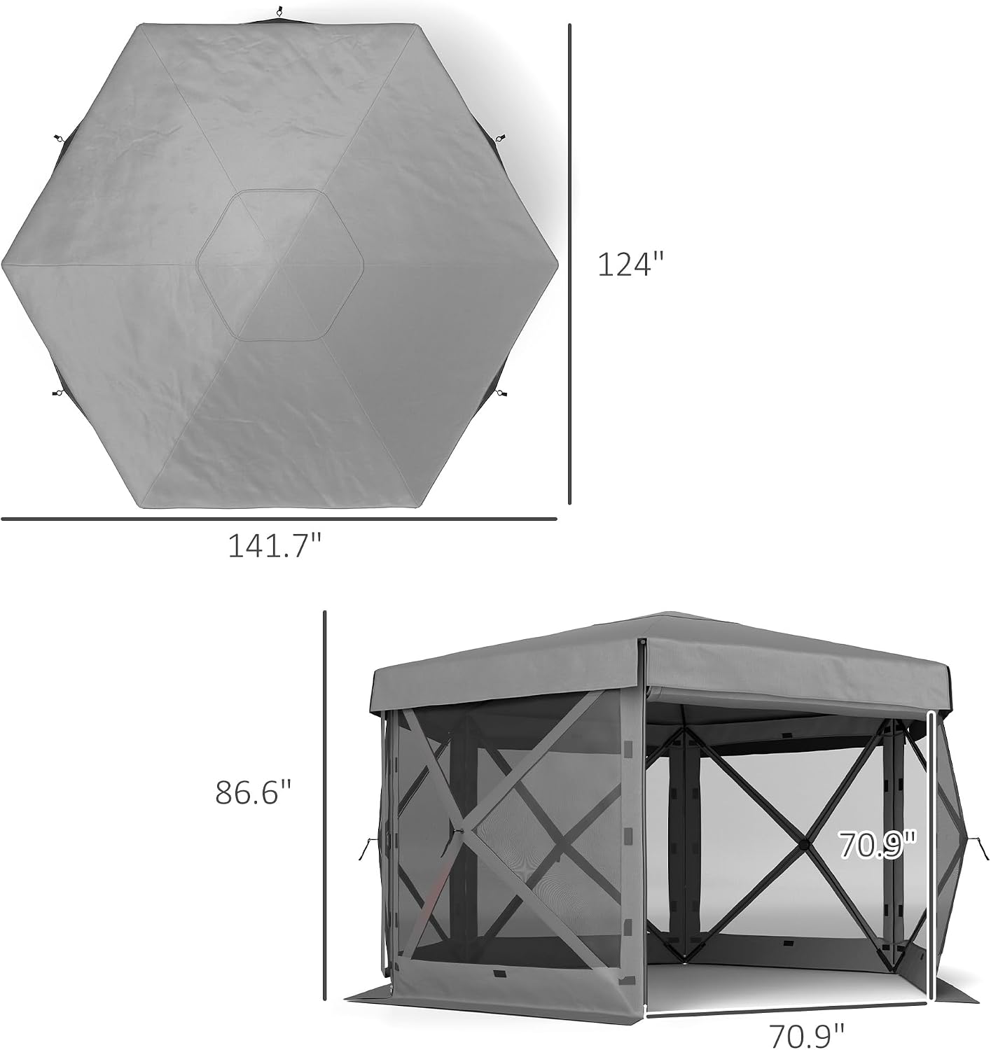 Outsunny 12' x 12' Hexagonal Pop Up Gazebo Tent with 5 Sidewalls, Waterproof Portable Outdoor Canopy Shelter with Curtains, Carry Bag, 5 Ropes, 11 Stakes for Camping, Garden, Patio, Dark Gray