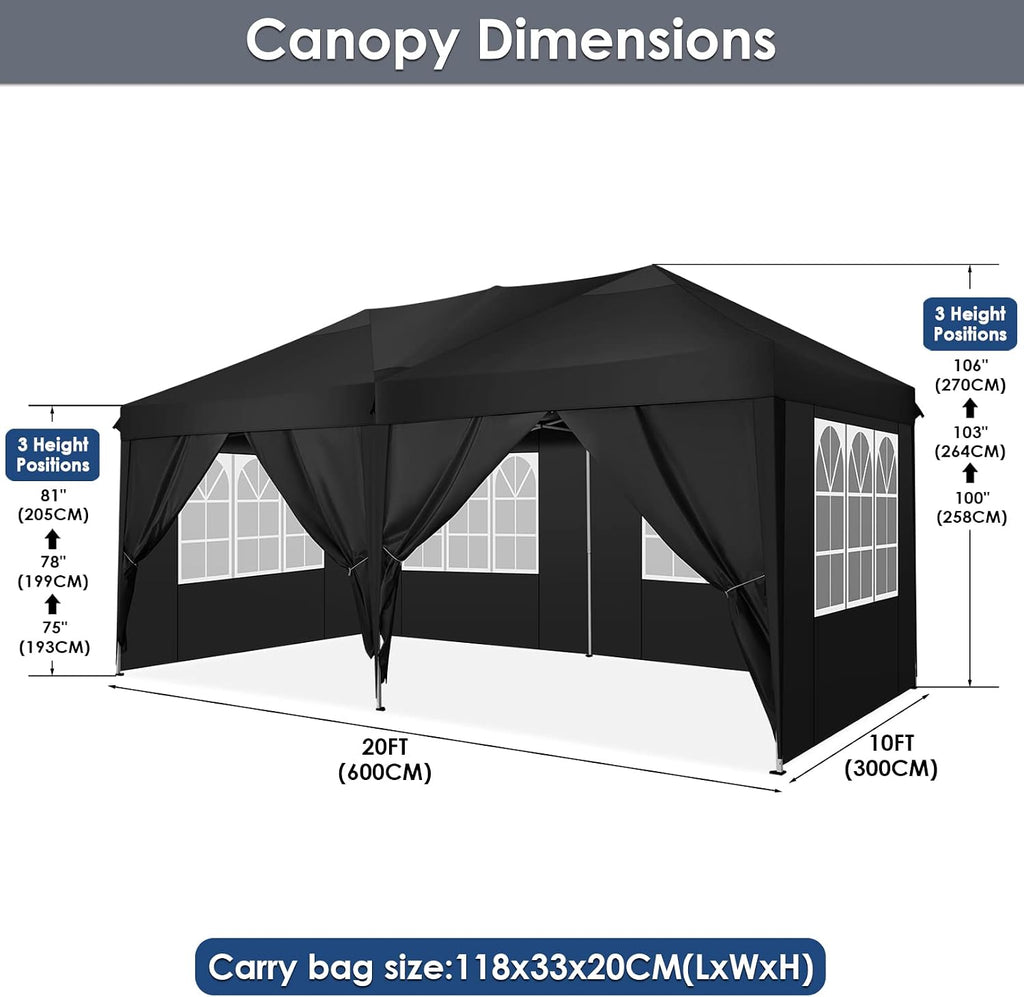 COBIZI 10x19ft Pop Up Canopy, Fully Waterproof Canopy Tent, 10x20 Canopy with Sidewalls, Black