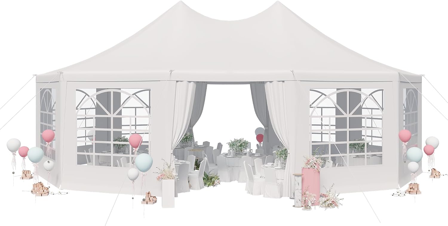EROMMY 26'x19' Party Tent, White Wedding, Decagonal Heavy Duty Canopy with 8 Removable Sidewalls, 8 Church Windows and 2 Pull-Back Doors, Outdoor Gazebo Pavilion for Party, Wedding, Event