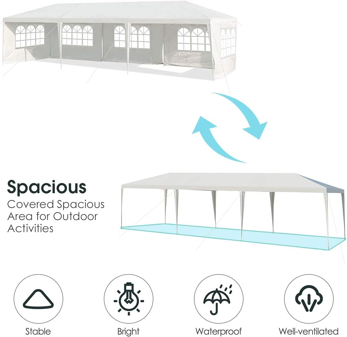 Tangkula 10' x 30' Party Tent, Portable Outdoor Tent with 5 Removable Sidewalls, and Connection Stakes, Ropes, Suitable for BBQ, Beach, Garden and Outdoor Events, Wedding Tent, White